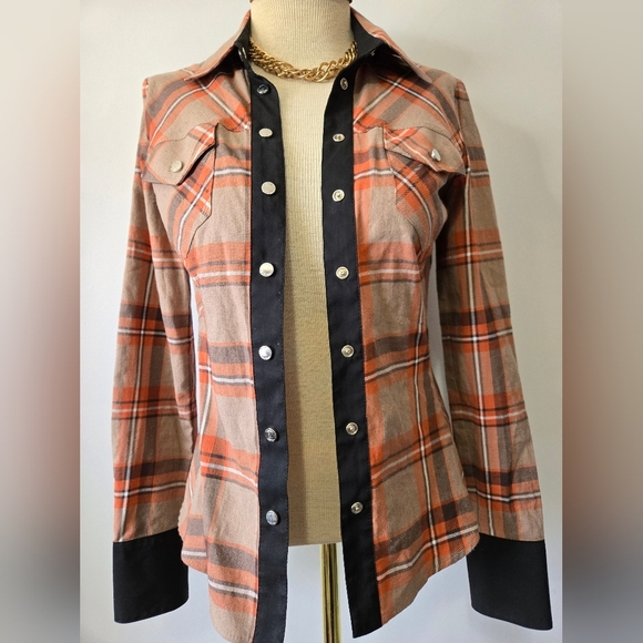 KAREN MILLEN Plaid Button-Up Women's Top in Orange and Black. Size 6 - Picture 8 of 14